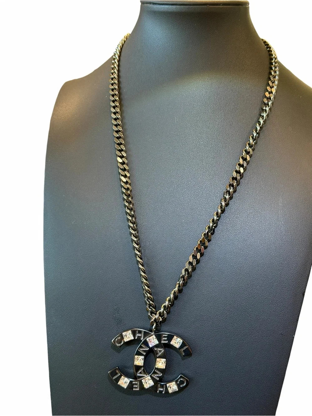 CHANEL Gun Metal and Silver Double-C Crystals Pendant Necklace